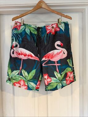Men's Tropical Flamingo Swim Trunks - Pink on Black